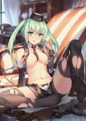 1girl :q aqua_eyes aqua_hair belt black_thighhighs blush breasts cleavage cum cum_on_body cum_on_breasts cum_on_upper_body detached_sleeves feet female_focus girls&#039;_frontline gloves gun hat highres large_breasts long_hair machine_pistol micro_uzi_(girls&#039;_frontline) musyne_xsk navel necktie open_clothes open_shorts panties shorts sitting smile solo submachine_gun sweat thighhighs tongue tongue_out torn_clothes torn_thighhighs twintails underwear uzi weapon white_panties