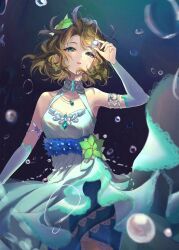 bare_shoulders blue_eyes blush breasts brown_hair cleavage collarbone detached_sleeves dress earrings gem green_dress green_eyes hair_ornament heterochromia highres idolmaster idolmaster_cinderella_girls jewelry medium_breasts necklace nyome991 open_mouth pearl_(gemstone) short_hair takagaki_kaede underwater