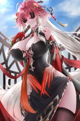 1girl absurdres bare_shoulders black_dress black_thighhighs blindfold breasts changli_(wuthering_waves) china_dress chinese_clothes chinese_commentary cleavage commentary_request dress elbow_gloves folding_fan gloves hair_ornament hand_fan highres holding holding_fan large_breasts long_hair multicolored_hair partial_commentary pink_hair red_hair sky smile solo thighhighs white_hair wuthering_waves yuxixue_ring