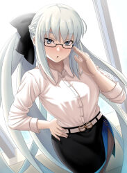 1girl belt black_bow black_skirt blue_eyes blue_skirt blush bow braid breasts brown_pantyhose chuppa_(katotsuba) collared_shirt fate/grand_order fate_(series) glasses grey_hair hair_bow large_breasts long_hair long_sleeves looking_at_viewer morgan_le_fay_(chaldea_satellite_station)_(fate) morgan_le_fay_(fate) open_mouth pantyhose pencil_skirt ponytail shirt sidelocks skirt sleeves_rolled_up solo two-tone_skirt very_long_hair white_shirt