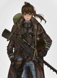 ammunition_belt backpack bag black_gloves blonde_hair bobblehead brown_hair cigarette denim duffel_bag duster fallout fallout:_new_vegas gas_mask gloves grass grey_eyes gun helmet highres jeans kkghost_tv knife mask ncr_veteran_ranger new_california_republic pants ponytail rifle simple_background sniper_rifle tree vambraces weapon white_background