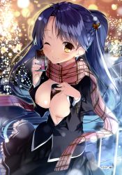 1girl absurdres between_breasts blue_hair blush braid breasts breasts_out brown_eyes christmas female_focus half_up_braid highres kagome long_hair looking_at_viewer medium_breasts nipples no_bra open_clothes open_shirt ponytail sakura_no_toki sakura_no_uta smile solo very_long_hair