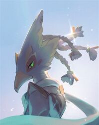 1boy backlighting beak bird_boy blue_background blue_fur blue_hair blue_scarf blue_sky blush_stickers body_fur braid closed_mouth day from_side furry furry_male glint green_eyes hair_tie half-closed_eyes looking_at_viewer male_focus outdoors profile quad_tails revali rito scarf short_hair shoulder_pads simple_background sky solo standing sunlight the_legend_of_zelda the_legend_of_zelda:_breath_of_the_wild ukata upper_body