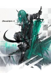 1girl absurdres arknights full_body green_hair highres holding holding_sword holding_weapon horns hoshiguma_(arknights) mourningrain_sr oni planted planted_sword planted_weapon single_horn sitting skin-covered_horns solo sword weapon