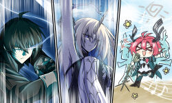 &gt;_&lt; 1boy 2girls black_hair black_jacket blonde_hair blue_eyes blue_hair breasts ciaccona_(wuthering_waves) closed_mouth colored_inner_hair column_lineup commentary commentary_request crown_of_thorns dress english_commentary fleurdelys_(wuthering_waves) green_jacket highres holding holding_microphone_stand horns huge_breasts jacket jazz9207 korean_commentary long_horns male_rover_(wuthering_waves) microphone_stand mixed-language_commentary multicolored_hair multiple_girls musical_note open_mouth pointy_ears red_hair rover_(wuthering_waves) sidelocks single_horn smile tacet_mark_(wuthering_waves) tree_horns white_dress wuthering_waves yellow_eyes yellow_horns