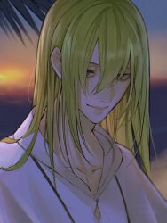 1boy beach blurry blurry_background check_copyright collarbone copyright_request enkidu_(fate) eyes_visible_through_hair fate_(series) green_eyes green_hair hair_between_eyes hair_over_eyes highres light_smile long_hair looking_at_viewer male_focus nose shirt solo torapochi3 white_shirt