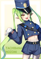 1girl :d absurdres armband belt belt_buckle black_belt blue_archive blue_armband blue_hat blue_jacket blue_shorts blush buckle buttons character_name charm_(object) chinese_commentary commentary_request covered_navel cowboy_shot cropped_jacket double-breasted eyes_visible_through_hair fang fine_fabric_emphasis gloves gradient_background green_background green_hair hand_on_own_hip hand_up hat highres jacket long_hair long_sleeves looking_at_viewer mangguoranliao midriff mixed-language_commentary nozomi_(blue_archive) open_mouth pantyhose peaked_cap pointy_ears short_shorts shorts sidelocks skin_fang smile solo twintails very_long_hair wavy_hair white_gloves white_pantyhose yellow_background yellow_eyes