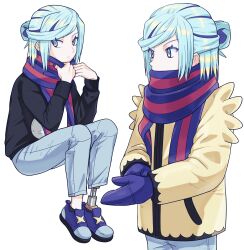 1boy absurdres adjusting_clothes adjusting_gloves bbhdrrr black_sweater blue_footwear closed_mouth creatures_(company) eyelashes game_freak gloves green_eyes green_hair grusha_(pokemon) highres invisible_chair jacket long_sleeves male_focus mittens multiple_views nail_polish nintendo pants peg_leg pokemon pokemon_sv scarf scarf_over_mouth shoes simple_background sitting striped_clothes striped_scarf sweater white_background yellow_jacket