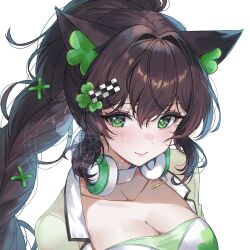 1girl animal_ears bandeau braid breasts brown_hair cat_ears checkered_hair_ornament choker cleavage closed_mouth clover collarbone commentary ella_7737 english_commentary four-leaf_clover green_eyes hair_ornament hairclip headphones headphones_around_neck highres indie_virtual_youtuber jacket kitsunya_(vtuber) large_breasts long_hair looking_at_viewer open_clothes open_jacket ponytail race_queen second-party_source see-through_clothes see-through_jacket simple_background smile solo upper_body virtual_youtuber white_background white_choker