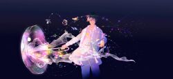 Rule 34 | 1boy, absurdres, black hair, bug, butterfly, cowboy shot, helia, highres, holding, holding umbrella, insect, jellyfish, long sleeves, looking at viewer, male focus, open clothes, open shirt, original, pants, shirt, short hair, solo, standing, umbrella, white shirt