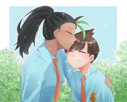 1boy 1girl abstract_background ahoge black_hair blush breasts brown_hair closed_eyes emblem florian_(pokemon) foliage freckles hand_on_another&#039;s_back kiss kissing_forehead lips multicolored_hair necktie nemona_(pokemon) nintendo pokemon pokemon_sv ponytail royyahn school_uniform simple_background smile