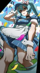 1girl ? ?? absurdres alternate_eye_color arm_at_side arm_up black_choker blue_dress blue_hair blue_hat blue_sky bow breasts buttons choker cloud confetti confused double-breasted dress feet_out_of_frame from_below fujinari hair_between_eyes hand_on_own_head hat hat_bow hatsune_miku highres leaning_back long_hair looking_ahead medium_breasts medium_dress mesmerizer_(vocaloid) open_mouth pinstripe_dress pinstripe_hat pinstripe_pattern purple_eyes red_bow short_sleeves sky solo standing sweat twintails two-tone_bow very_long_hair visor_cap vocaloid white_bow white_wrist_cuffs wrist_cuffs