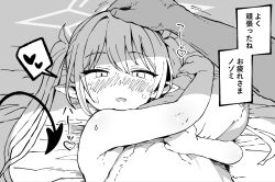 1boy 1girl bed_sheet blue_archive blush earrings fang greyscale halo headpat heart hetero hugging_object jewelry long_hair lying monochrome nozomi_(blue_archive) on_back open_mouth pillow pillow_hug pointy_ears single_earring skin_fang solo_focus spoken_heart tail translation_request twintails yuuji_overall