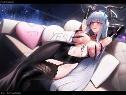 1girl absurdres alternate_costume areola_slip armpits artist_name azur_lane black_gloves black_horns blue_archive blush breasts cameltoe claw_bra commission cosplay couch elbow_gloves gloves grey_hair halo headgear highres horn_cover horn_ornament horns lace lace-trimmed_thighhighs lace_trim large_breasts large_horns licking_lips long_hair looking_at_viewer mechanical_halo multiple_horns navel noa_(blue_archive) on_couch owari_(azur_lane) owari_(azur_lane)_(cosplay) owari_(my_wish_is_for_love)_(azur_lane) presenting_armpit purple_eyes revealing_clothes shiwudesu smile solo stomach sweat thighhighs thighs tongue tongue_out yes-no_pillow