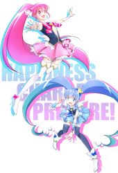 2girls :d aino_megumi ariko_(ginsinku) blue_eyes blue_hair blue_skirt boots bow brooch commentary_request copyright_name crown cure_lovely cure_princess earrings english_text eyelashes gold_crown hair_ornament happinesscharge_precure! happy heart heart_brooch high_heel_boots high_heels highres jewelry long_hair magical_girl multiple_girls open_mouth pink_eyes pink_hair pink_skirt ponytail precure puffy_sleeves ribbon shirayuki_hime skirt smile thigh_boots thighhighs thighs twintails vest white_legwear wrist_cuffs