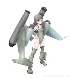 1girl aircraft airplane brown_hair female_focus full_body glasses hands_on_own_hips hip_focus jet long_hair me_262 mecha_musume military nano_(nanosize) original simple_background solo white_background world_war_ii