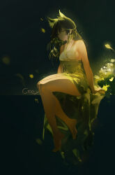 1girl absurdres animal_ears arknights artist_name barefoot black_background black_hair breasts cat_ears ceey commentary dress english_commentary feet green_dress green_eyes green_hair highres medium_breasts mon3tr_(arknights) multicolored_hair sitting solo toes two-tone_hair
