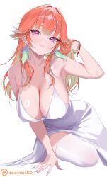 Rule 34 | 1girl, :3, absurdres, alternate costume, armpits, bare arms, bracelet, breasts, cleavage, closed mouth, colored inner hair, commentary, deermiko, dress, feathers, gradient hair, green feathers, green hair, hand in own hair, highres, hololive, hololive english, jewelry, large breasts, long hair, looking at viewer, multicolored hair, nail polish, orange hair, purple eyes, purple nails, sidelocks, simple background, sitting, sleeveless, sleeveless dress, solo, spaghetti strap, takanashi kiara, thighhighs, virtual youtuber, white background, white dress, white thighhighs