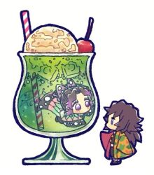 Rule 34 | 1boy, 1girl, black hair, blush, butterfly hair ornament, cherry, chibi, commentary request, confettocandy, drinking straw, food, fruit, hair ornament, haori on shoulders, ice cream, kimetsu no yaiba, kochou shinobu, ponytail, purple eyes, purple hair, tomioka giyuu