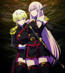 2girls absurdres anime_screenshot anti-demon_corps_uniform black_shorts black_skirt black_thighhighs blonde_hair blue_eyes boots breasts closed_mouth female_focus gloves hair_ornament highres izumo_tenka katana kneehighs large_breasts leaning_on_person long_hair long_sleeves mato_seihei_no_slave miniskirt multicolored_hair multiple_girls pleated_skirt red_eyes scabbard sheath short_hair shorts skirt socks sword thigh_boots thighhighs thighs torn_clothes torn_sleeves two-tone_hair uzen_kyouka weapon white_gloves white_hair zettai_ryouiki