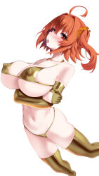 1girl ahoge alternate_breast_size arms_under_breasts bikini blush breasts covered_erect_nipples elbow_gloves fate/grand_order fate_(series) fujimaru_ritsuka_(female) gloves gold_bikini gold_gloves gold_thighhighs hair_between_eyes highres huge_breasts navel okuri_banto one_side_up open_mouth orange_eyes orange_hair orange_scrunchie scrunchie short_hair solo swimsuit tongue tongue_out white_background