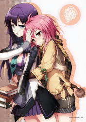 2girls :o an2a apple_inc. black_gloves blue_eyes blush book brown_eyes carrying cropped dress from_side gloves hand_on_another&#039;s_head highres hug hug_from_behind long_sleeves multiple_girls original parted_lips pink_hair plaid_clothes plaid_scarf pleated_skirt purple_hair purple_skirt scarf shorts siri skirt speech_bubble spoken_squiggle squiggle wrist_cuffs yuri