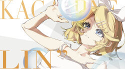 13165075695 1girl absurdres bare_shoulders blonde_hair blue_eyes bow bubble character_name commentary hair_bow hair_ornament hairclip highres kagamine_rin looking_at_object mindscape_cinema_(zenless_zone_zero) parted_lips shirt short_hair sleeveless solo symbol-only_commentary vocaloid white_background white_shirt yellow_nails