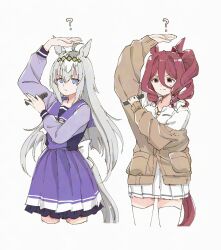 2girls ? ahoge animal_ears arm_above_head arm_up blue_eyes bow brown_cardigan cardigan cropped_legs ear_bow grey_hair hair_between_eyes hair_ornament highres holding holding_microphone horse_ears horse_girl horse_tail jewelry long_hair long_hair_between_eyes long_sleeves microphone multicolored_hair multiple_girls necklace norn_ace oguri_cap_(umamusume) one_side_up purple_serafuku purple_shirt purple_skirt red_eyes red_hair school_uniform serafuku shirt simple_background skirt streaked_hair tail thighhighs tracen_school_uniform umamusume umamusume:_cinderella_gray white_background white_shirt white_skirt white_thighhighs yoiisand