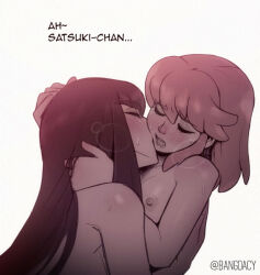 2girls artist_name bang_dacy bite_mark bite_mark_on_breast bite_mark_on_shoulder black_hair breasts closed_eyes english_text hug jakuzure_nonon kill_la_kill kiryuuin_satsuki licking licking_another&#039;s_face long_hair medium_breasts moaning multiple_girls nipples nude open_mouth pink_hair playing_with_another&#039;s_hair simple_background sweat upper_body white_background yuri