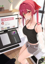 1girl absurdres armpit_crease black_camisole breasts camisole chair cleavage closed_mouth desk drawing_tablet drawstring grey_shorts heart heart_necklace heterochromia highres holding holding_stylus hololive houshou_marine jewelry large_breasts moku_yoi monitor necklace plant potted_plant red_eyes red_hair short_shorts shorts sitting smile solo stylus twintails virtual_youtuber window yellow_eyes