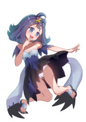 1girl :d acerola_(pokemon) blue_eyes blue_hair cameltoe collarbone commentary_request dress flipped_hair foxbird full_body hair_ornament hand_up highres nintendo off_shoulder open_mouth panties pokemon pokemon_sm sandals short_sleeves simple_background smile solo stitches toes topknot underwear white_background white_panties