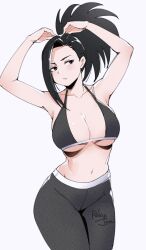 Rule 34 | 1girl, armpits, arms up, asymmetrical hair, black bra, black eyes, black hair, black pants, boku no hero academia, bra, breasts, closed mouth, collarbone, highres, large breasts, navel, pants, ponytail, relaxjon, simple background, solo, stomach, underwear, white background, yaoyorozu momo, yoga pants