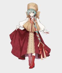 1girl absurdres aqua_hair blush boots braid full_body grey_background hair_ribbon hatsune_miku highres jewelry long_hair long_skirt long_sleeves necklace parted_lips pr_ponnyan puffy_long_sleeves puffy_sleeves red_boots red_ribbon red_skirt ribbon ribbon_braid russian_clothes shadow shirt simple_background skirt smile solo standing very_long_hair vocaloid white_shirt worldwide_miku yellow_ribbon