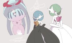 alternate_color black_dress blue_hair closed_eyes colored_skin dress gardevoir gen_3_pokemon gen_8_pokemon green_skirt hair_between_eyes han0579 hatenna hatterene highres mega_gardevoir mega_pokemon nintendo open_mouth pokemon pokemon_(creature) pokemon_focus red_eyes shiny_pokemon short_hair skirt white_dress white_skin