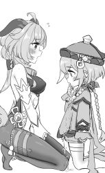 2girls ahoge bare_shoulders bead_necklace beads bell blush braid braided_ponytail breasts cowbell drooling finger_to_mouth from_side ganyu_(genshin_impact) genshin_impact greyscale highres horns jewelry jiangshi kneeling long_sleeves looking_at_viewer medium_breasts monochrome multiple_girls neck_bell necklace open_mouth pantyhose qiqi_(genshin_impact) saliva simple_background thighhighs what_a white_background