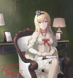 Rule 34 | 1girl, armchair, blonde hair, blue eyes, book, braid, breasts, chair, crossed legs, crown, dress, flower, hair between eyes, hairband, half up braid, highres, jewelry, kamo mayor, kantai collection, long sleeves, looking at viewer, medium breasts, mini crown, off-shoulder dress, off shoulder, photo (object), picture frame, red flower, red rose, rose, sitting, solo, warspite (kancolle), white dress