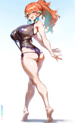1girl aqua_hair armpit_crease ass barefoot blush breasts crossed_legs earrings feather_earrings feathers feet gradient_hair high_ponytail highres hololive hololive_english jewelry large_breasts maro2ki3 multicolored_hair nail_polish official_alternate_costume one-piece_swimsuit orange_hair outstretched_arms perfume_(takanashi_kiara) ponytail purple_eyes purple_nails soles solo standing swimsuit takanashi_kiara tiptoes toenail_polish toenails virtual_youtuber watson_cross wet