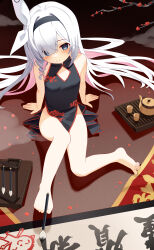 Rule 34 | 1girl, absurdres, bare legs, barefoot, between toes, black eyes, black hairband, blue archive, blush, braid, calligraphy, calligraphy brush, china dress, chinese clothes, colored inner hair, dress, feet, hair over one eye, hairband, highres, holding with feet, legs, long hair, multicolored hair, paintbrush, pink hair, plana (blue archive), red pupils, ribbon, sakutaishi, single braid, sitting, sleeveless, sleeveless dress, smile, solo, thighs, toenails, toes, white hair, white ribbon