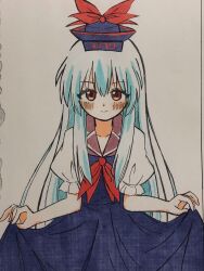 1girl blue_dress blue_hair blue_hat blush closed_mouth commentary dress hat highres kamishirasawa_keine long_hair looking_at_viewer puffy_short_sleeves puffy_sleeves red_eyes short_sleeves skirt_hold smile solo touhou traditional_media very_long_hair zeppachi