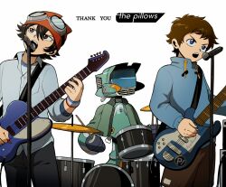 Rule 34 | 2boys, beanie, blue eyes, brown eyes, brown hair, canti, commentary, crossover, drum, drum set, electric guitar, english commentary, flcl, fujisaki yuusuke, goggles, goggles on headwear, green jacket, guitar, hat, highres, instrument, jacket, male focus, microphone, microphone stand, multiple boys, music, nandaba naota, orange hat, pencilman draws, playing instrument, robot, sket dance, thank you, the pillows