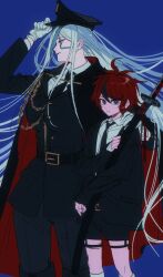 1boy 1girl ahoge alternate_costume belt black_cape black_coat black_hair black_hat black_pants blue_background blue_eyes blue_hair breasts cape coat gloves hair_between_eyes hand_up hat height_difference holding holding_sword holding_weapon large_breasts long_hair looking_at_viewer messy_hair multicolored_cape multicolored_eyes multicolored_hair pants red_cape red_eyes red_hair standing streaked_hair sumino_takumi sword the_hundred_line_-last_defense_academy- v&#039;ehxness weapon white_gloves white_hair