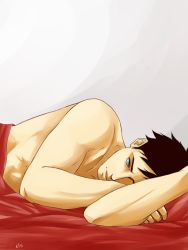 1boy alien axis33 bed_sheet black_hair blue_eyes dc_comics kon-el kryptonian looking_at_viewer lying male_focus on_side one_eye_covered solo superboy topless_male