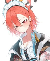 1girl absurdres ahoge anger_vein blue_archive blush breasts fang gmuk hair_between_eyes halo highres huge_ahoge jacket maid maid_headdress neru_(blue_archive) open_mouth red_eyes red_hair short_hair simple_background skin_fang small_breasts solo sukajan upper_body white_background