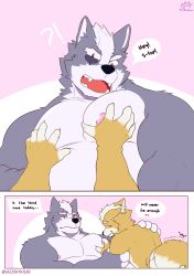 !? 2boys absurdres animal_ears artist_name bara bare_pectorals biceps black_fur blush brown_fur closed_eyes closed_mouth commentary dog_nose english_commentary english_text eyepatch fox_boy fox_ears fox_mccloud fox_tail furry furry_male groping hands_on_another&#039;s_chest highres looking_at_another looking_down male_focus moshihun multiple_boys muscular muscular_male navel nintendo nipples one_eye_covered open_mouth pectorals plump smile speech_bubble star_fox tail topless_male twitter_username wolf_boy wolf_ears wolf_o&#039;donnell yaoi