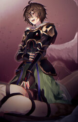 2boys armor bishounen blood blood_on_face blue_ribbon breastplate brown_hair brown_pantyhose doushite eyelashes fingerless_gloves gloves gold_trim granblue_fantasy hair_between_eyes highres looking_at_another male_focus multiple_boys open_mouth pantyhose ribbon sandalphon_(granblue_fantasy) short_hair shoulder_armor straddling yaoi