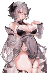 1girl artist_request bare_shoulders blush breasts cleavage detached_collar detached_sleeves dress grey_dress grey_hair head_wings highres indie_virtual_youtuber large_breasts long_sleeves looking_at_viewer no open_mouth panties red_eyes richamu second-party_source simple_background solo thigh_strap thighhighs tongue tongue_out underwear virtual_youtuber white_background wings