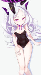 1girl absurdres ahoge anagaume animal_ears black_halo blue_archive blush breasts halo highres hina_(blue_archive) leotard long_hair looking_at_viewer playboy_bunny purple_eyes rabbit_ears sitting small_breasts solo white_hair
