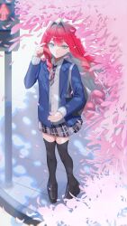 1girl absurdres baobhan_sith_(fate) black_thighhighs blazer blue_jacket cherry_blossoms earrings fate/grand_order fate_(series) grey_eyes grey_necktie grey_skirt hand_up highres jacket jewelry long_hair looking_at_viewer necktie pink_hair pointy_ears school_uniform sidelocks skirt solo thighhighs yulu8933