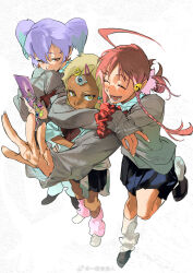 Rule 34 | 3girls, ^ ^, ahoge, aqua hair, arm around neck, atie1225, black footwear, blonde hair, blue skirt, blush, braid, brown eyes, cardigan, cellphone, cellphone charm, charm (object), closed eyes, closed mouth, collared shirt, commentary, dark-skinned female, dark skin, eyelashes, fingernails, flip phone, forehead jewel, freckles, full body, ganguro, gradient hair, grey cardigan, gyaru, hair ornament, hair scrunchie, hairclip, hand to own mouth, happy, highres, holding, holding phone, hug, lal&#039;c mellk mal, leg warmers, long hair, long sleeves, looking at viewer, low ponytail, lower teeth only, miniskirt, multicolored hair, multiple girls, nono (top wo nerae 2!), open mouth, phone, pink eyes, pink hair, pink leg warmers, pink scrunchie, pleated skirt, ponytail, purple hair, school uniform, scrunchie, shirt, shoes, short hair, short twintails, side braid, simple background, single braid, skirt, sleeves past fingers, sleeves past wrists, smile, standing, symbol-only commentary, teeth, top wo nerae!, top wo nerae! (series), top wo nerae 2!, twintails, tycho science, uwabaki, watermark, weibo watermark, white background, white footwear, white leg warmers, white nails, white shirt