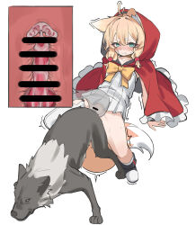 1girl absurdres animal_ears animal_penis aqua_eyes ass-to-ass_penetration ayaha_4780828 bar_censor bestiality blonde_hair blush censored chinese_commentary cloak closed_mouth commentary_request cum cum_in_pussy dog ejaculation fox_ears fox_girl fox_tail highres hood hood_up hooded_cloak internal_cumshot knotted_penis loli original paid_reward_available penis sex simple_background tail thick_eyebrows uterus vaginal white_background